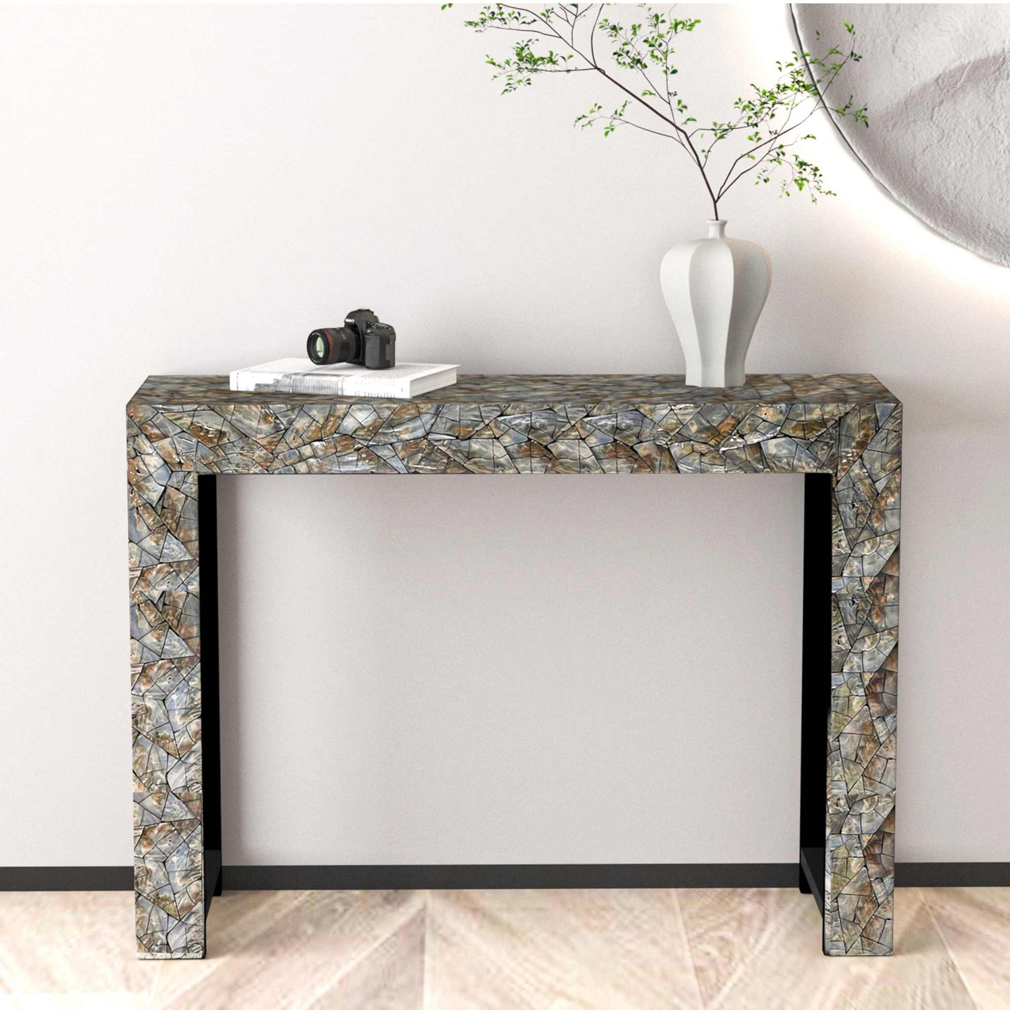 Stone Hedge Mother of Pearl hand made console table with elegant design and lustrous finish.