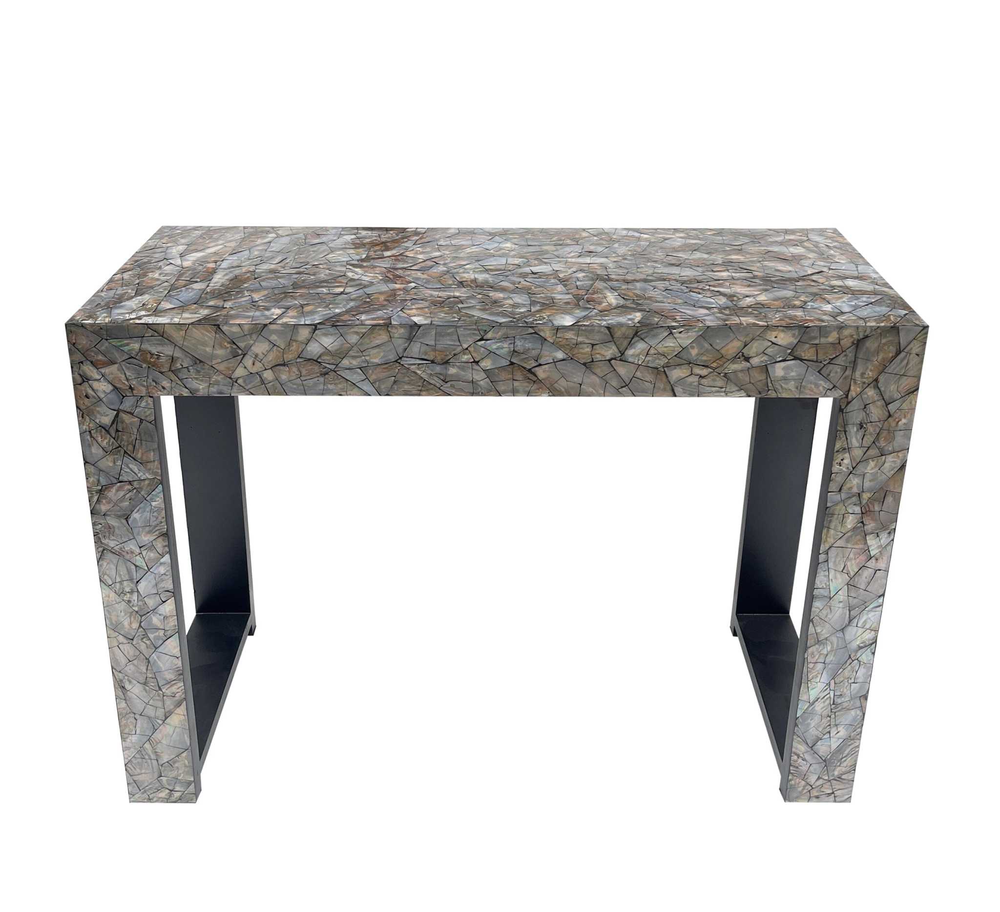 Handmade console table with stone hedge design and mother of pearl finish.