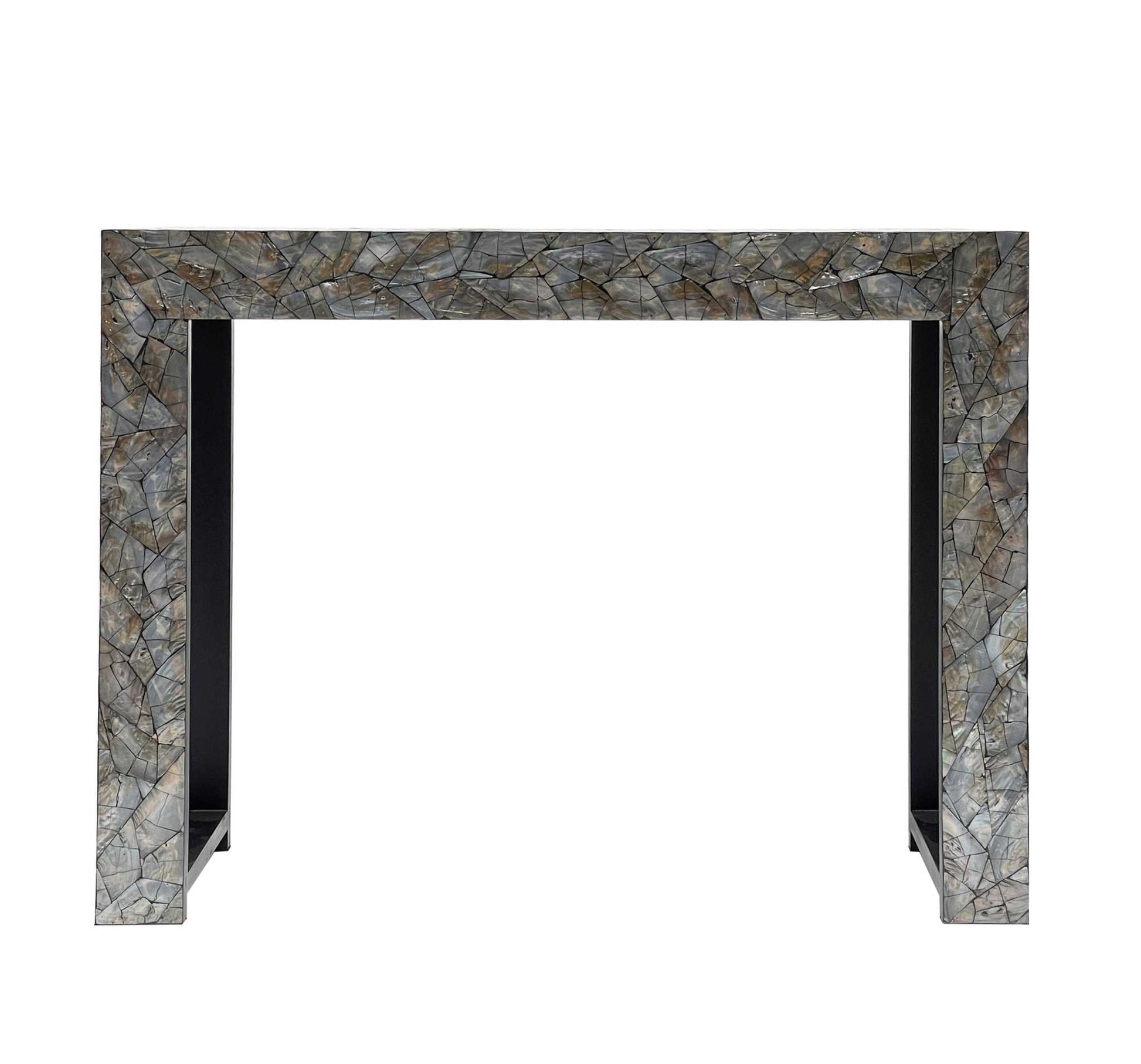 Stone Hedge Mother of Pearl hand-made console table with elegant finish and geometric pattern.
