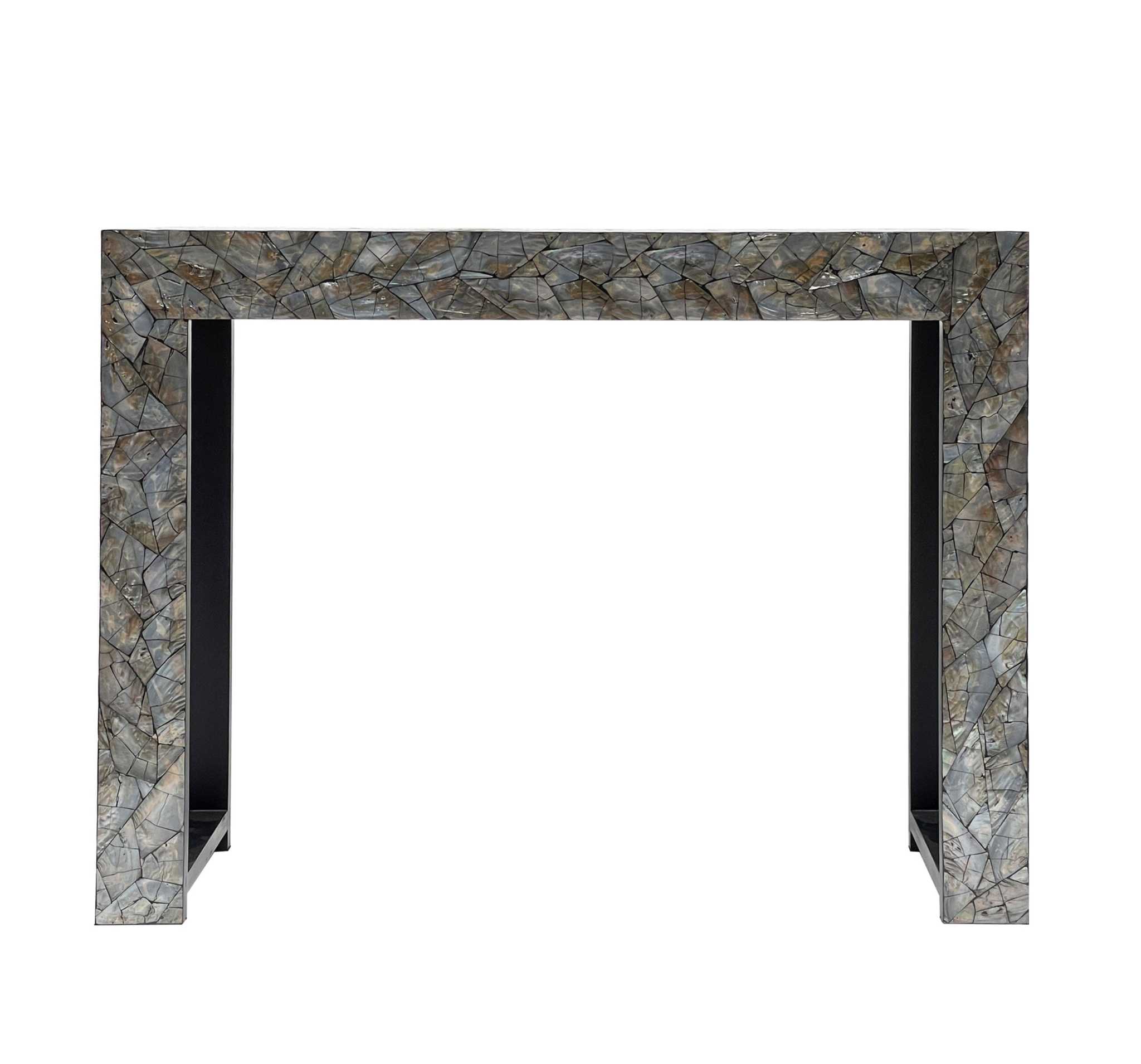 Stone Hedge Mother of Pearl hand-made console table with elegant finish and geometric pattern.