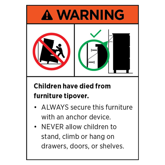 Warning sign highlighting the risk of furniture tipover and safety measures.