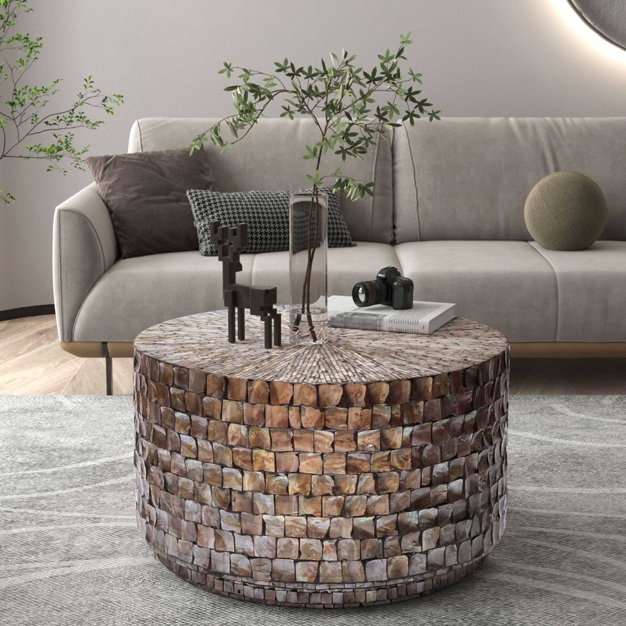 MARINER MOTHER OF PEARL hand made coffee table in elegant living room setting.