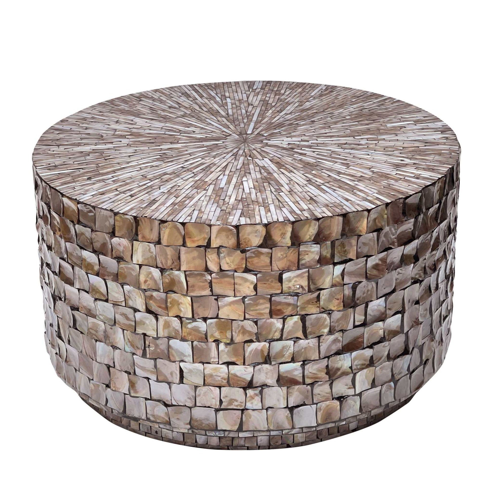 Round handcrafted MARINER MOTHER OF PEARL coffee table with intricate shell pattern.
