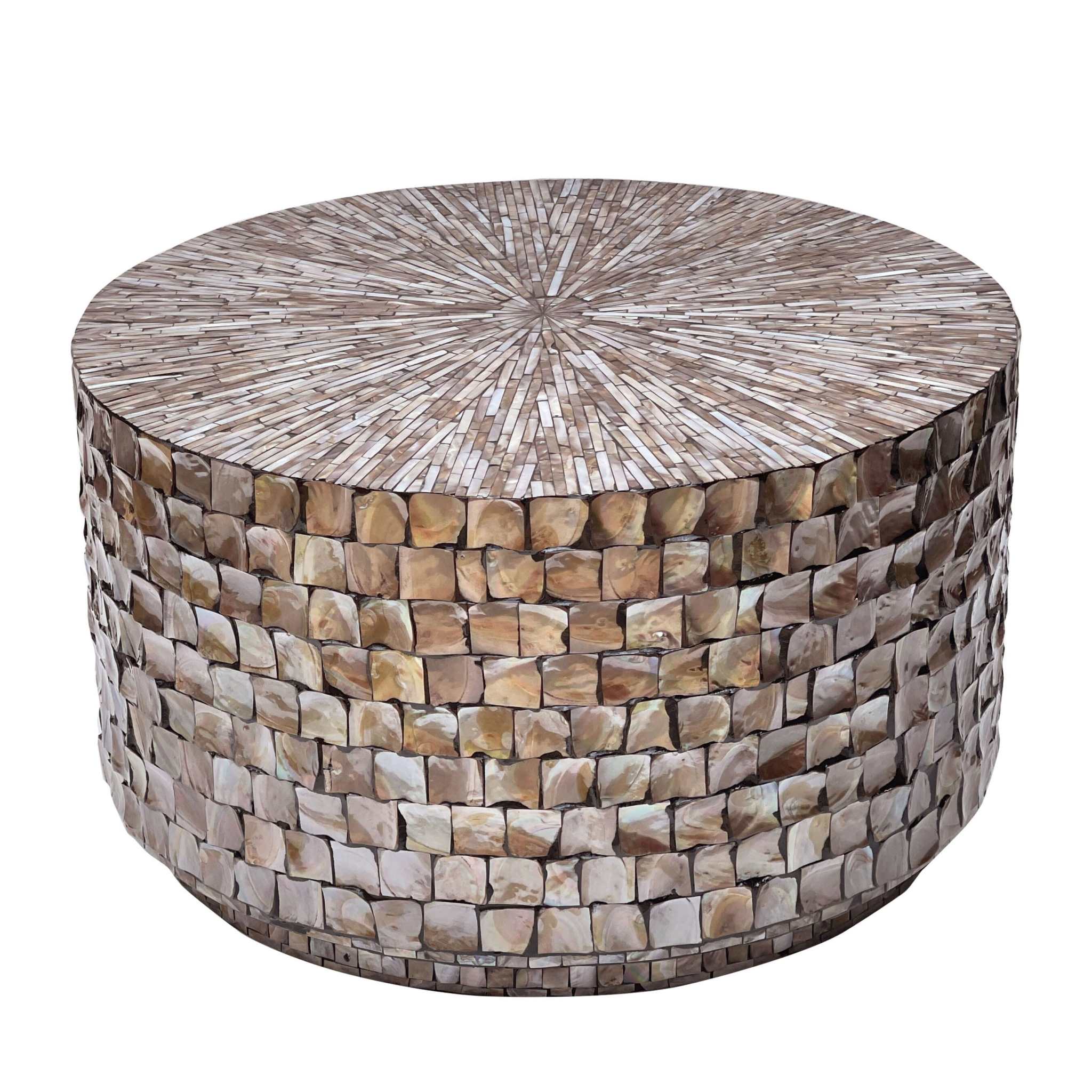 Round handcrafted MARINER MOTHER OF PEARL coffee table with intricate shell pattern.