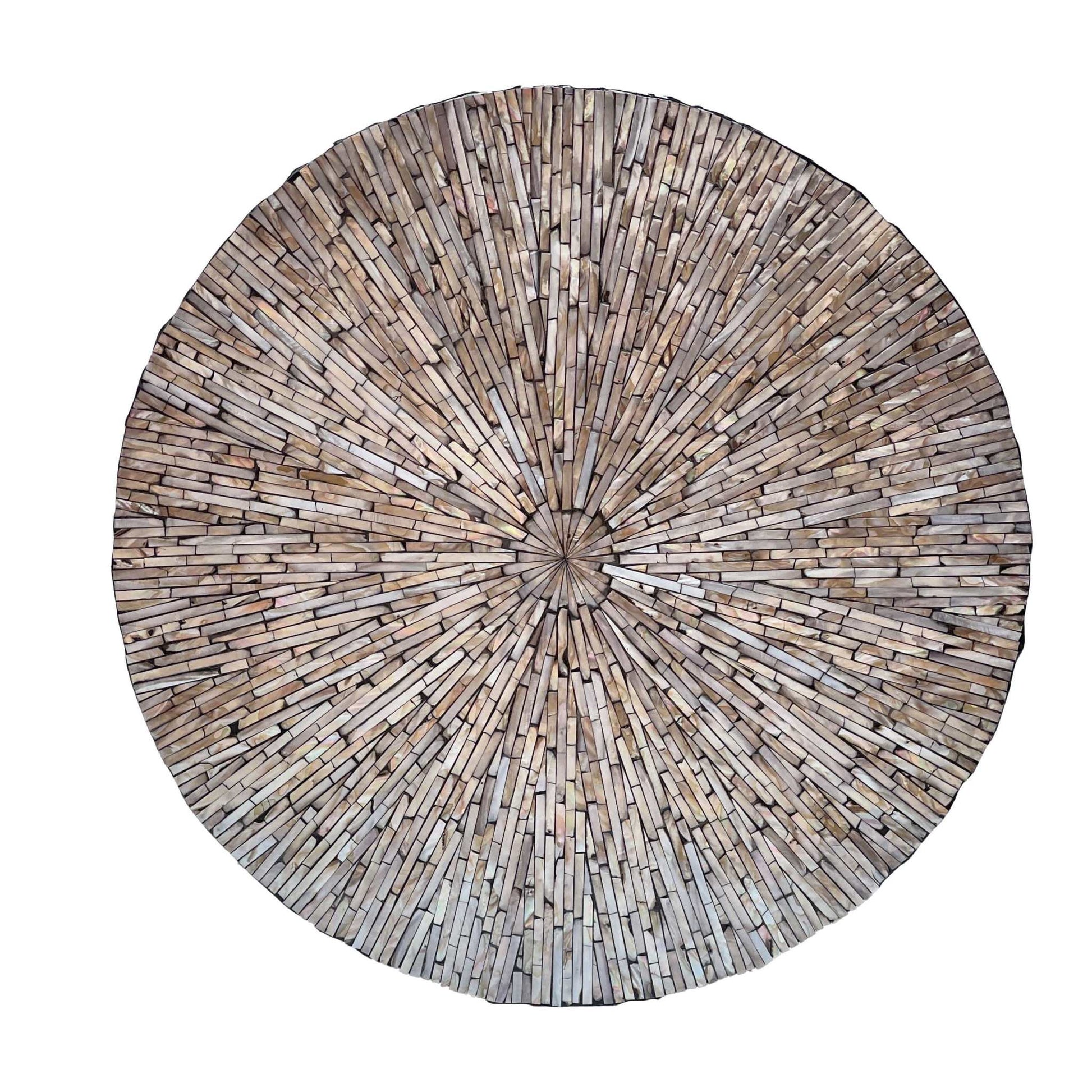 Handmade Mariner Mother of Pearl coffee table with intricate shell pattern.