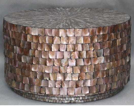 MARINER MOTHER OF PEARL hand made round coffee table with intricate shell design.