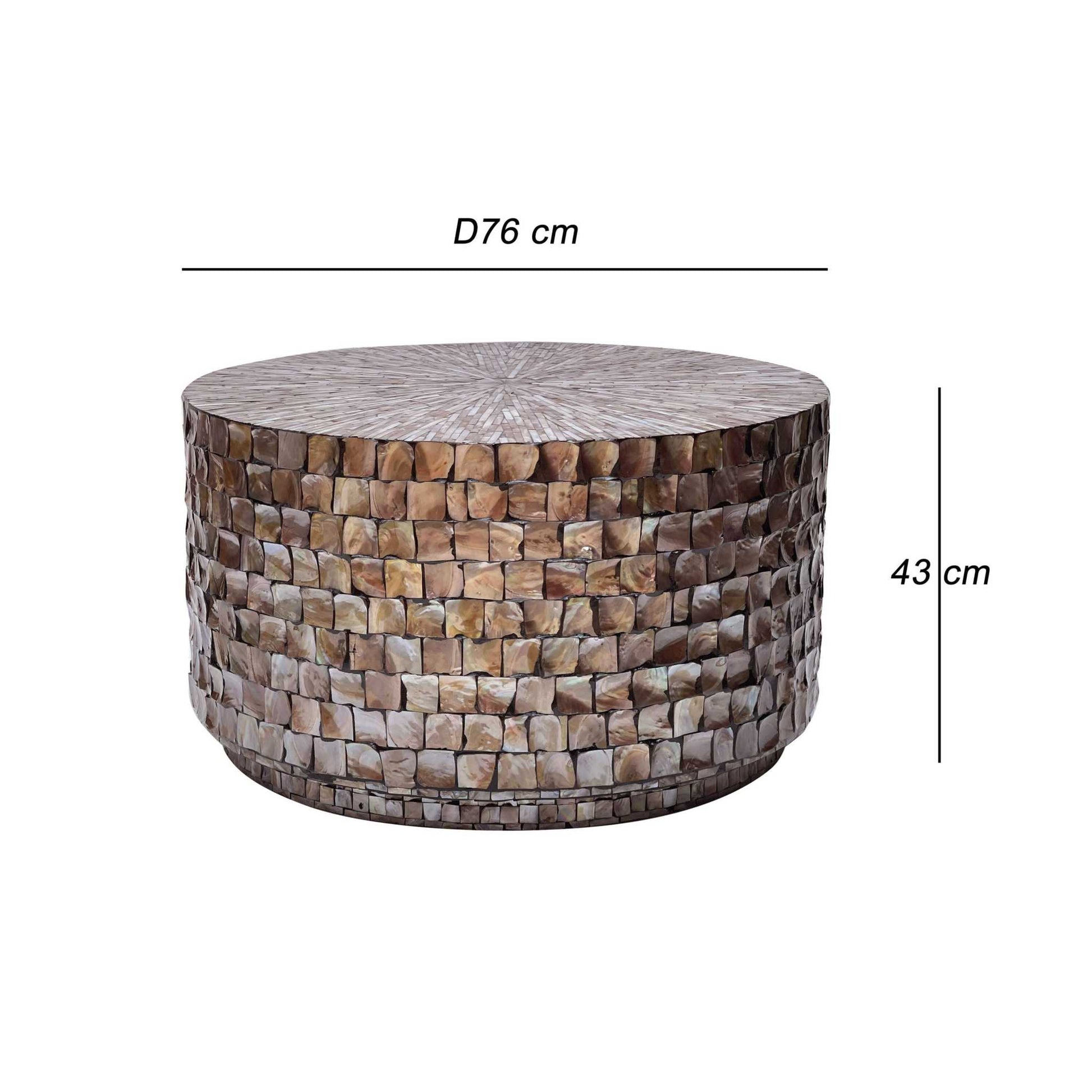 MARINER MOTHER OF PEARL handmade coffee table with intricate shell pattern, 76cm diameter, 43cm height.