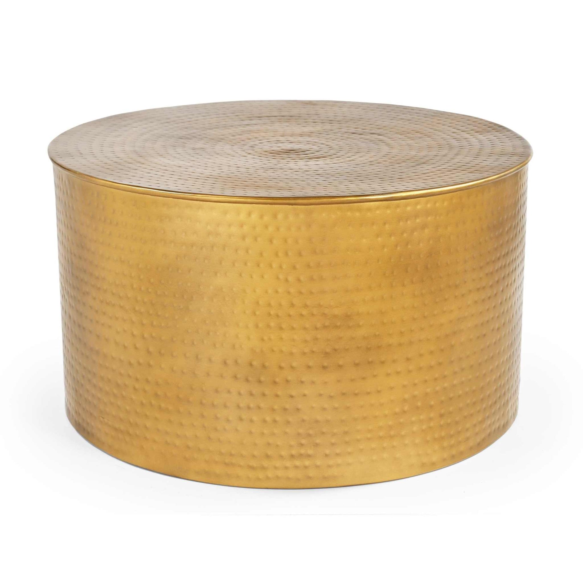 Handmade hammered coffee table with matte metallic finish, featuring unique textured hand-forged marks.