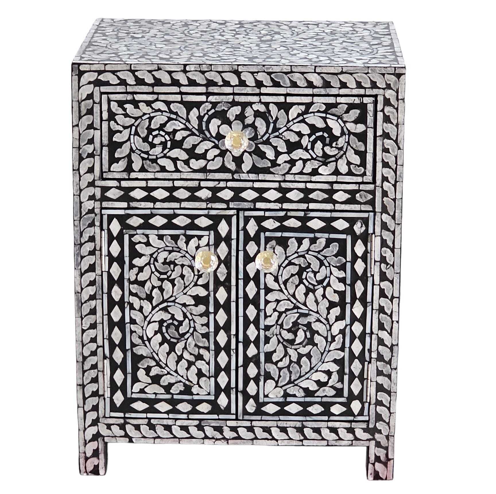 Jordan shell inlay chest with black and cream floral design, handmade from mother of pearl. Ideal for storage in bedrooms and living rooms.