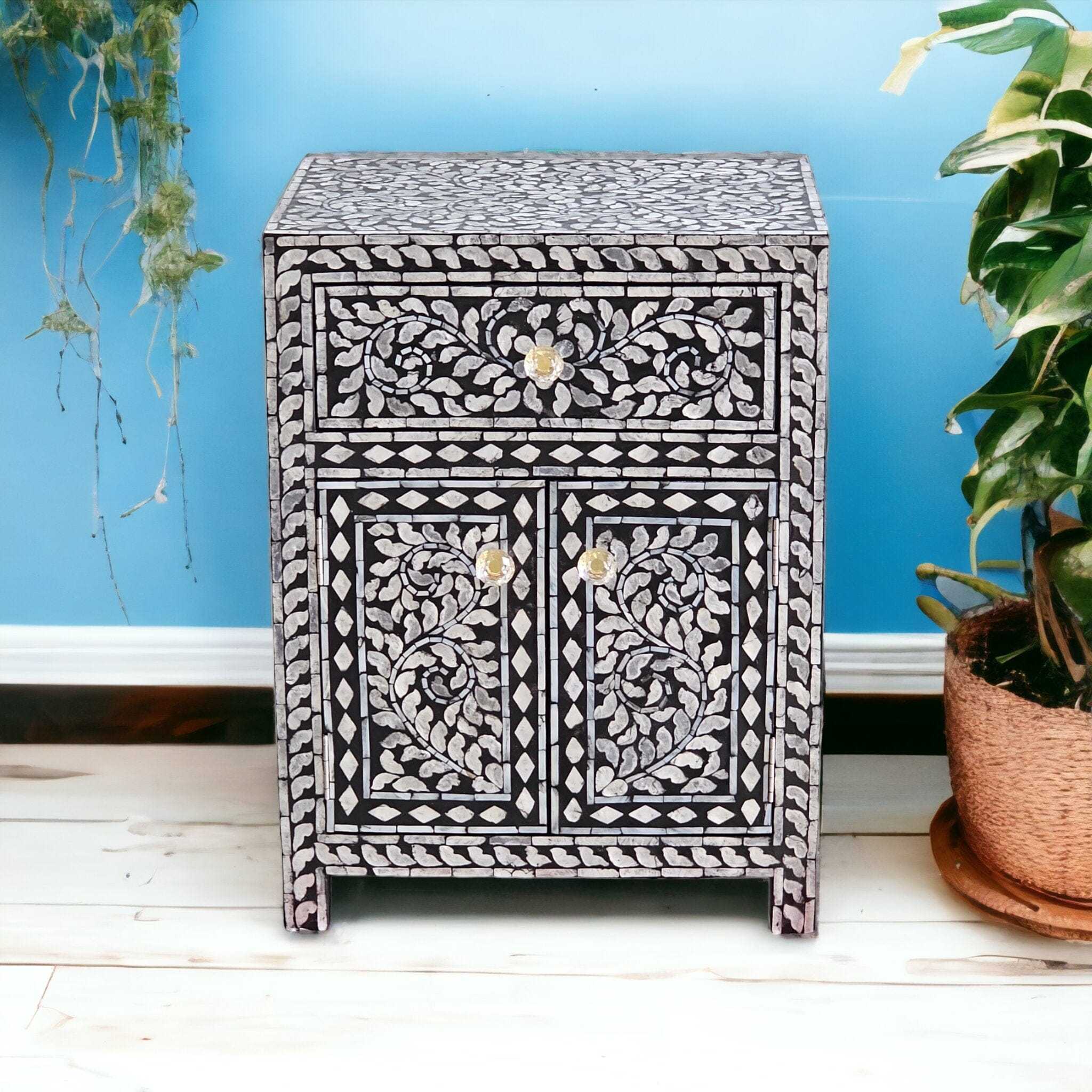 Jordan shell inlay chest with floral design in black and cream, handmade from mother of pearl.