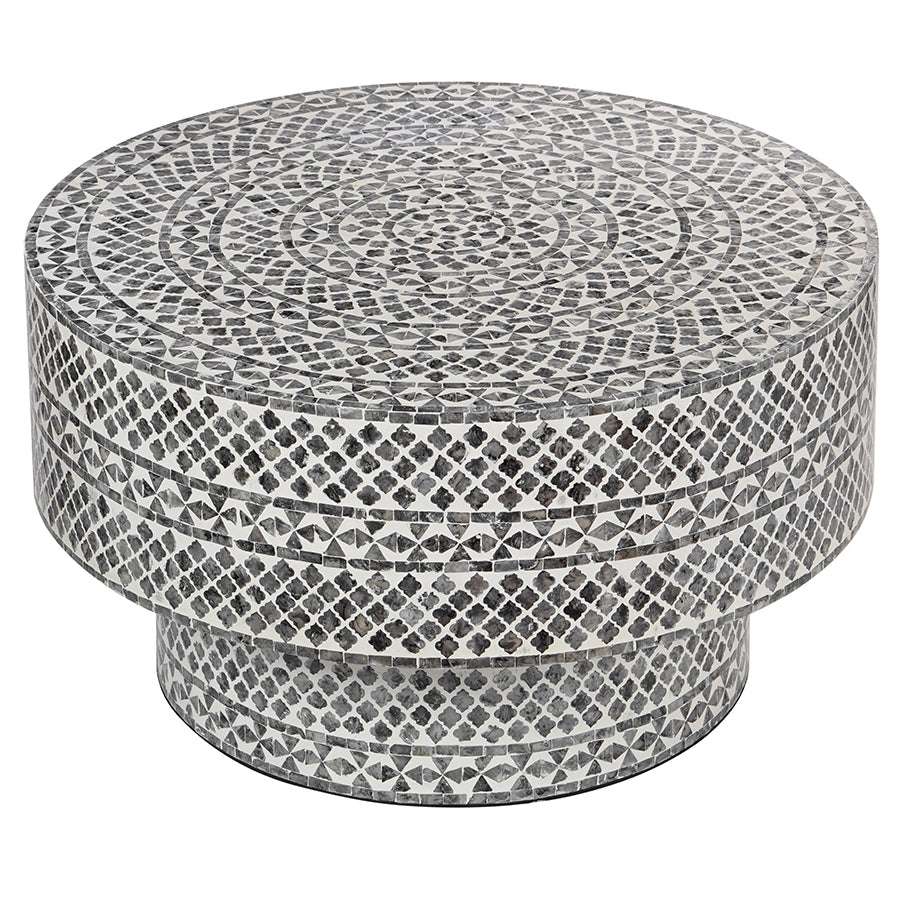 Black round coffee table with diamond pattern made from mother of pearl and seashells.