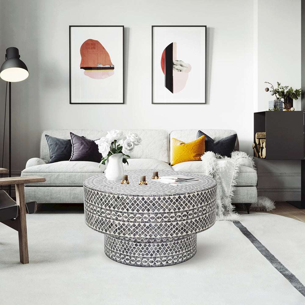 Black diamond patterned coffee table with mother of pearl and seashells, elegant Capiz furniture for interior décor.
