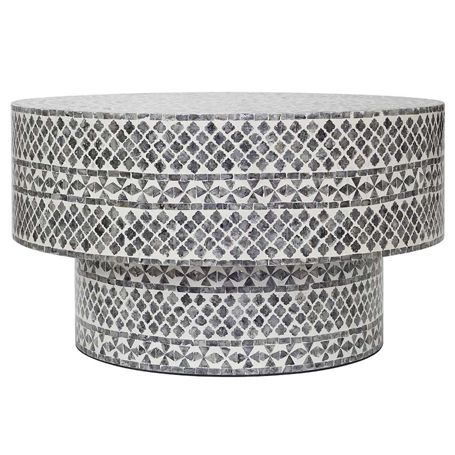Mother of Pearl coffee table with black and white diamond pattern, handcrafted with seashells, elegant and exotic design.