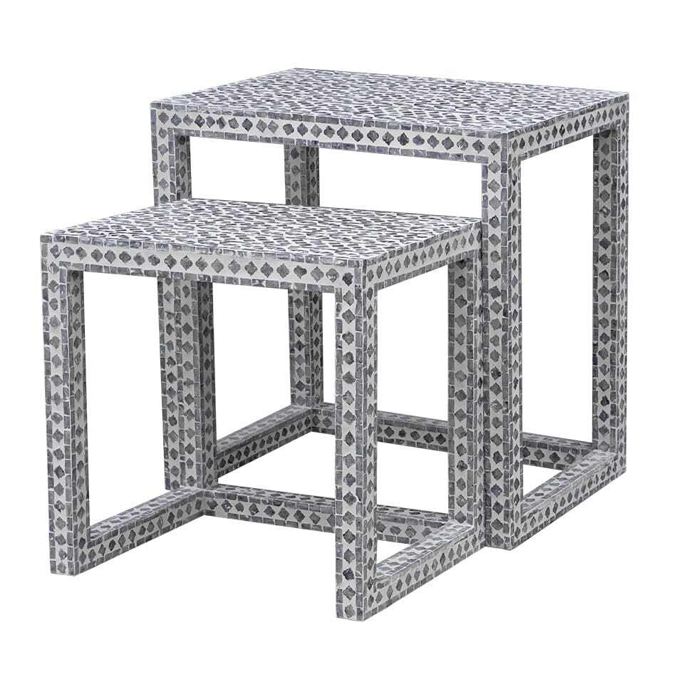 Black and white shell inlay nesting tables, set of two, handcrafted.