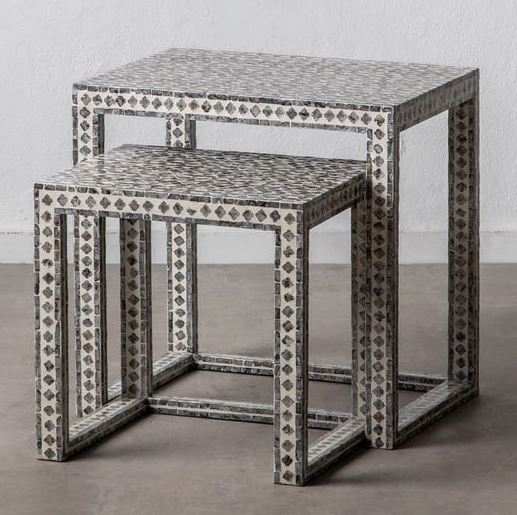 CLAIRE SHELL INLAY NESTING TABLES with black and white mother of pearl design, handmade in Vietnam.