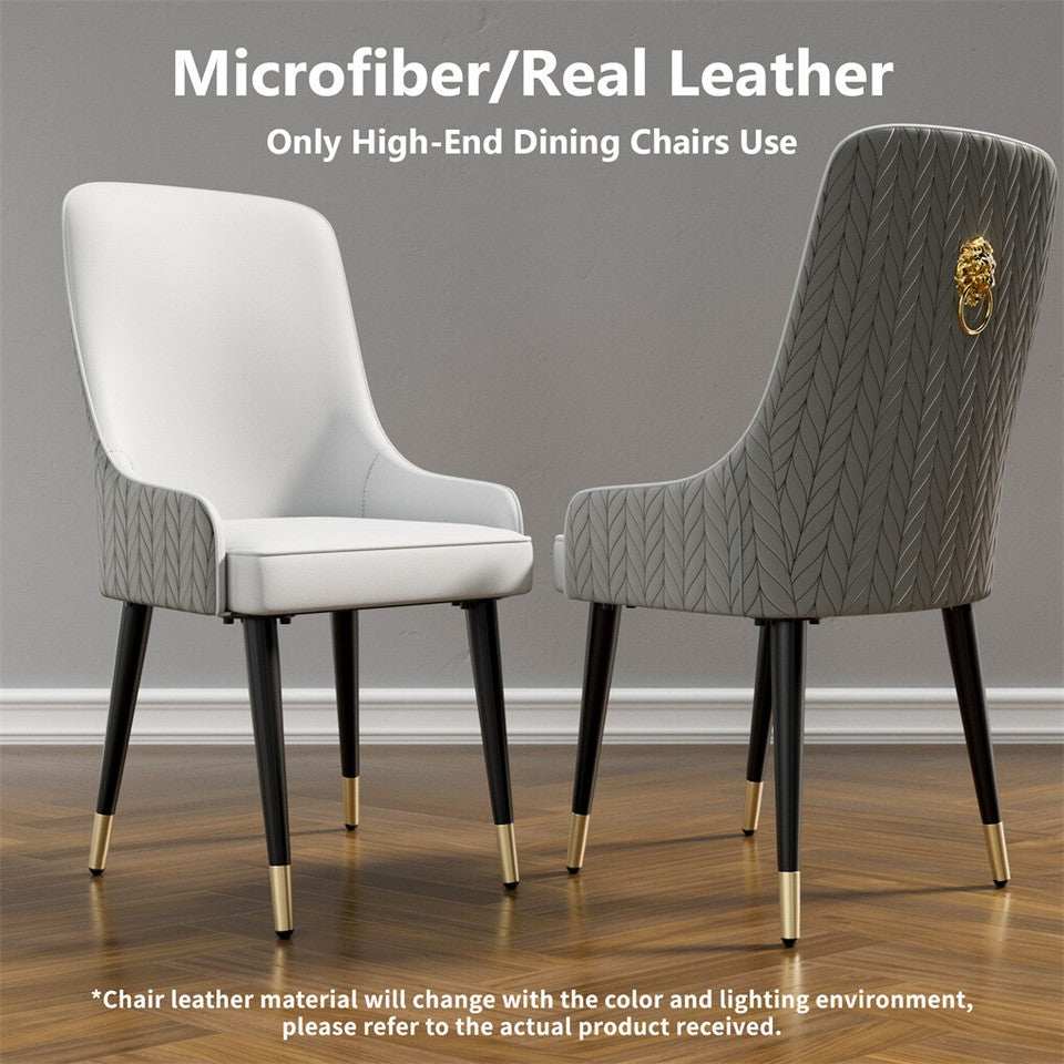 High-End Grey Dining Chairs Set of 2 Faux Leather Upholstered Kitchen Chairs with Gold Lion Head