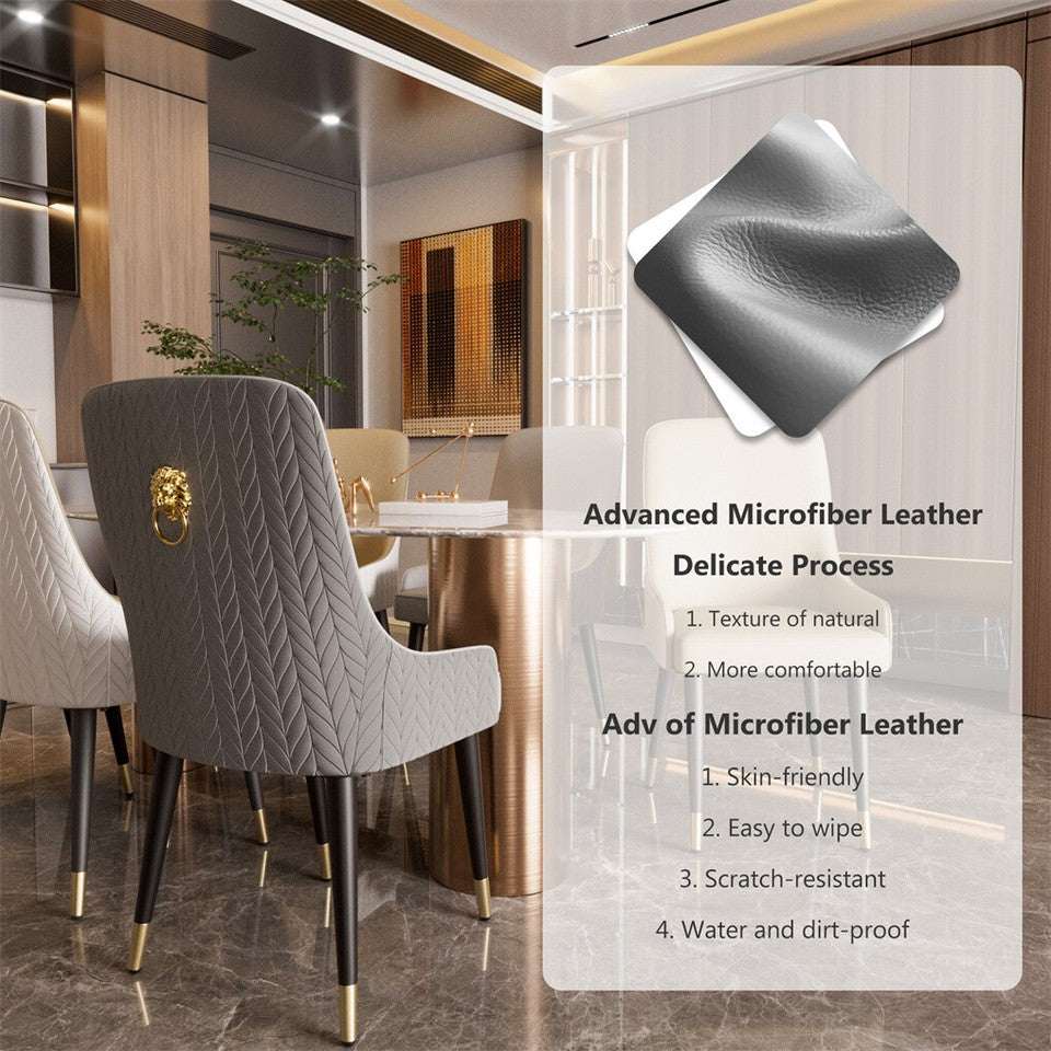 High-End Grey Dining Chairs Set of 2 Faux Leather Upholstered Kitchen Chairs with Gold Lion Head