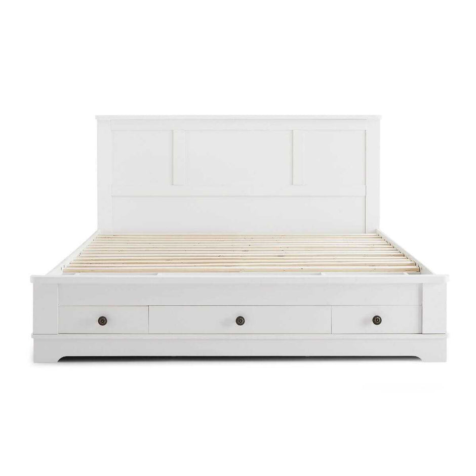 white wooden storage bed double