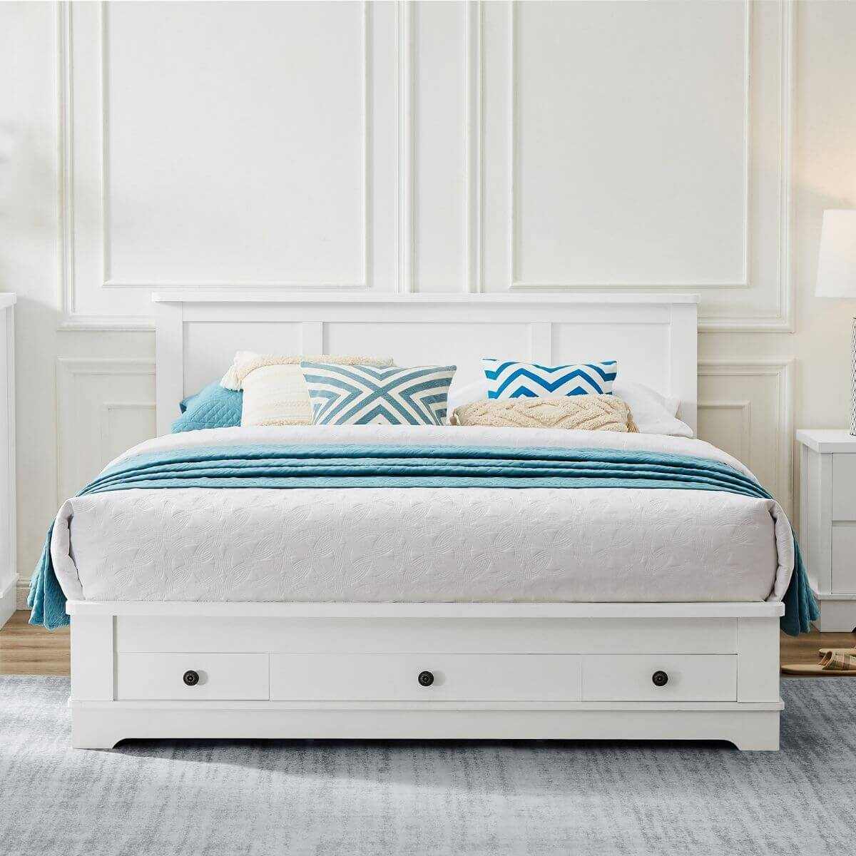 white wooden storage bed double