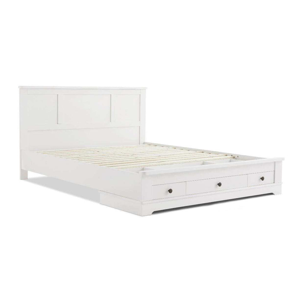 white wooden storage bed double