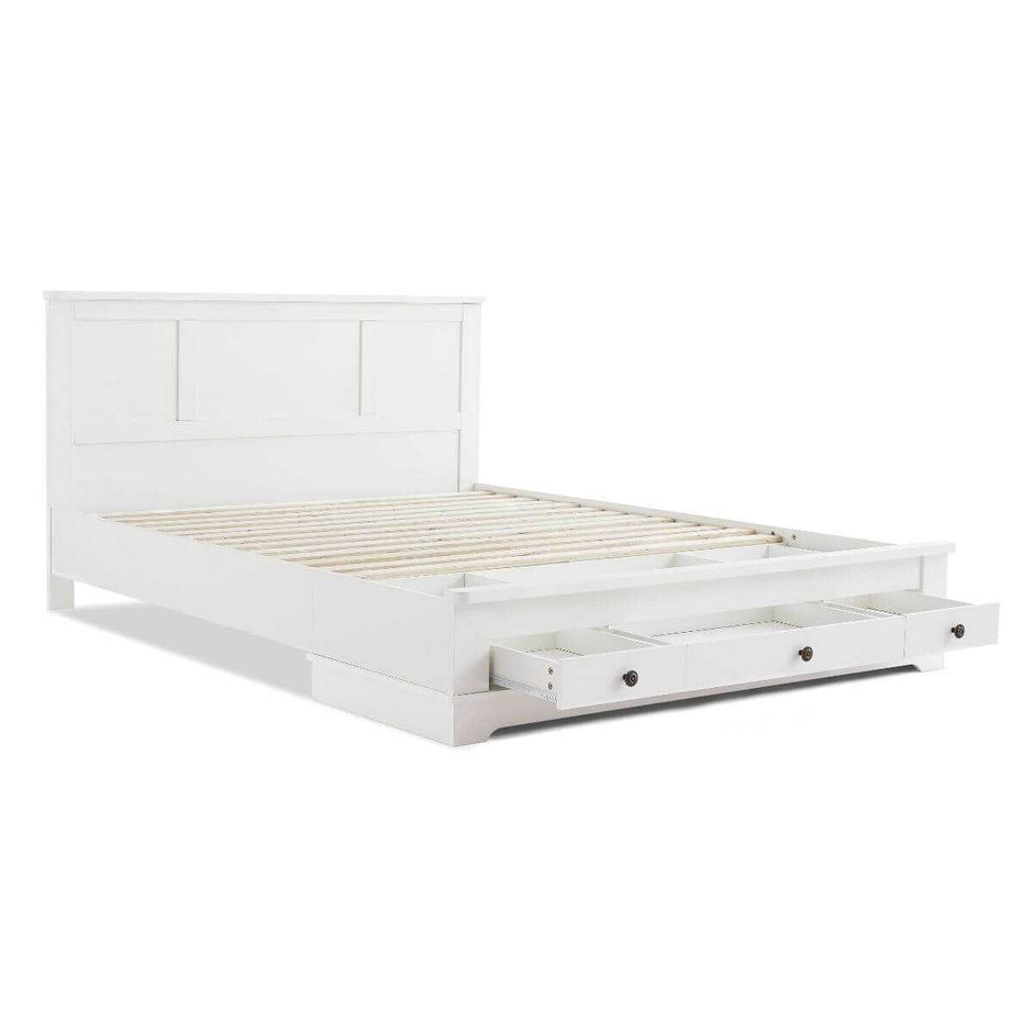 white wooden storage bed double