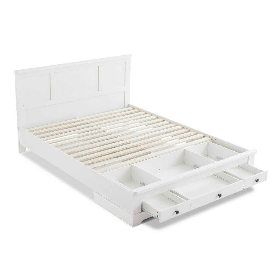 white wooden storage bed double