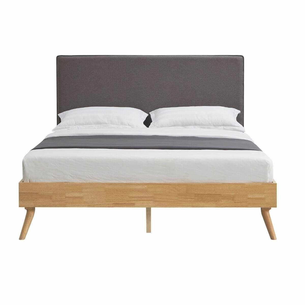 Natural Oak Ensemble Bed Frame Fabric Upholstered Headboard Queen
