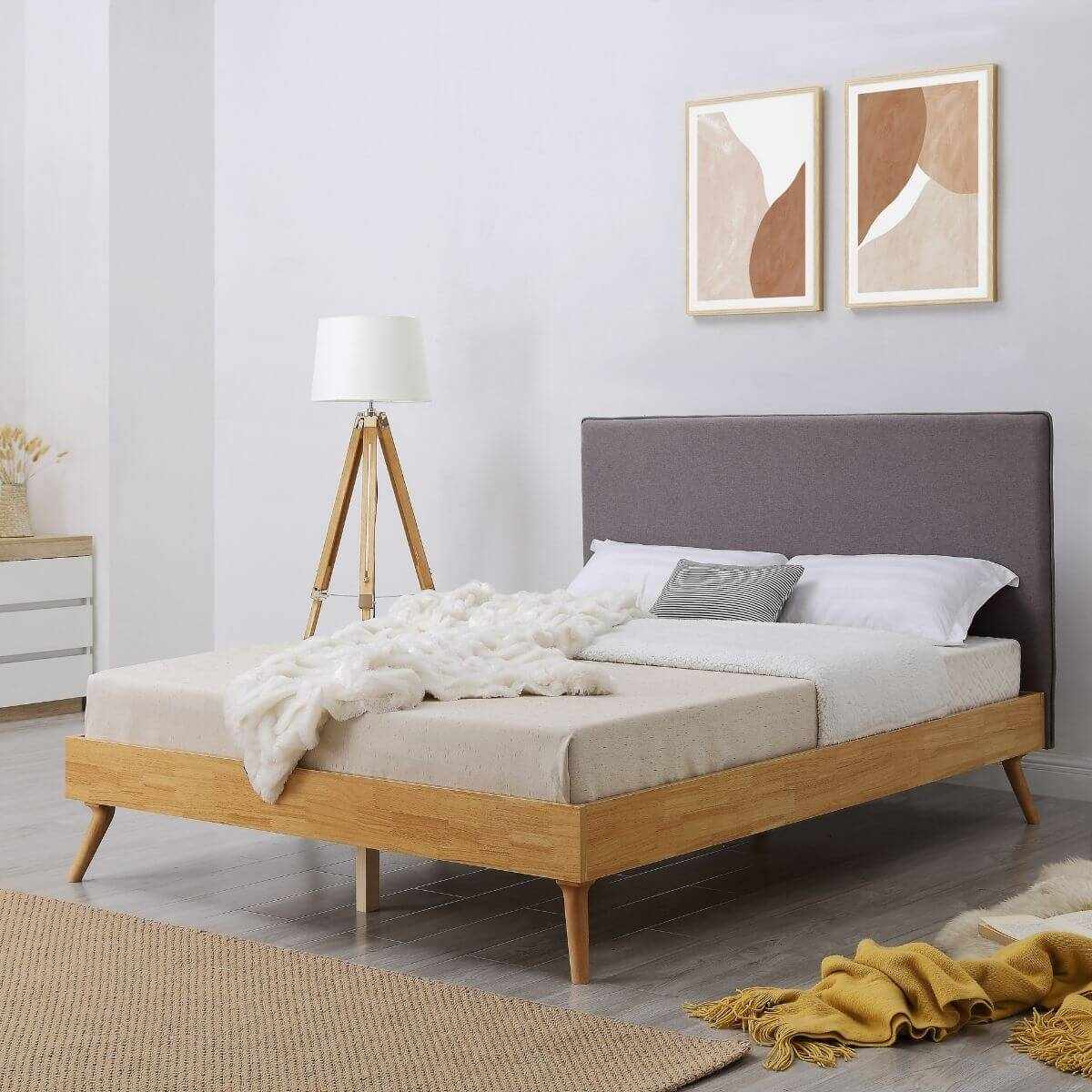 Natural Oak Ensemble Bed Frame Fabric Upholstered Headboard Queen
