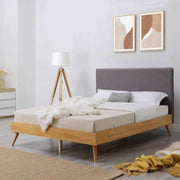 Natural Oak Ensemble Bed Frame Fabric Upholstered Headboard Queen