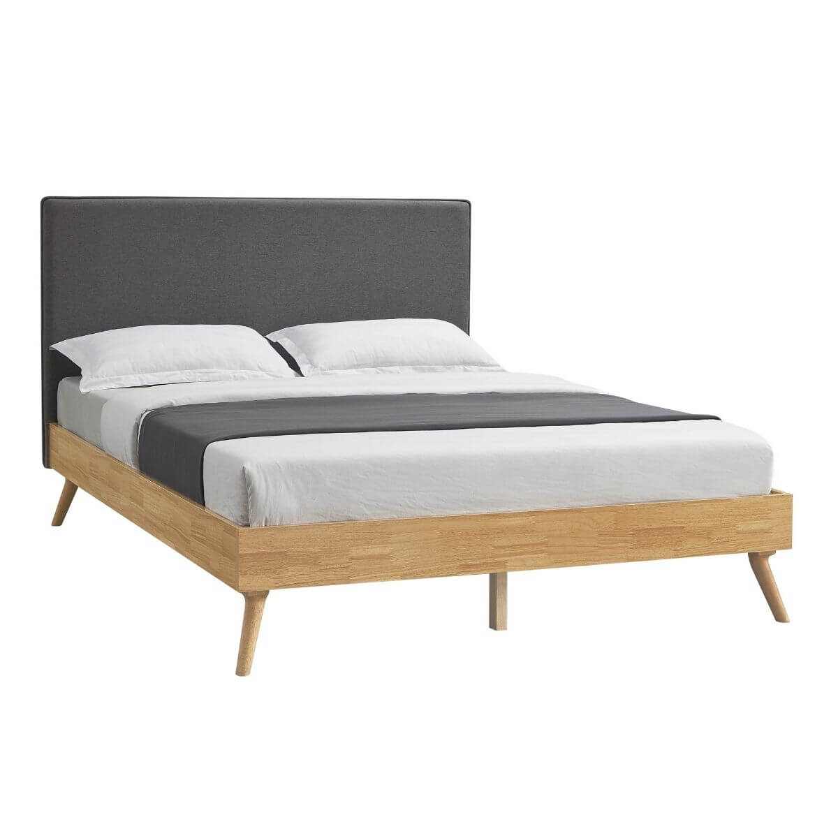 Natural Oak Ensemble Bed Frame Fabric Upholstered Headboard Queen