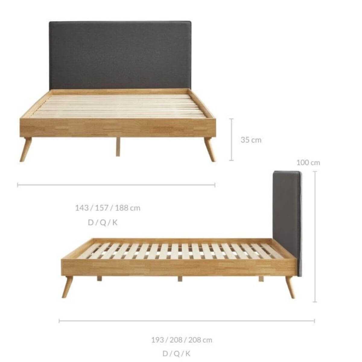 Natural Oak Ensemble Bed Frame Fabric Upholstered Headboard Queen