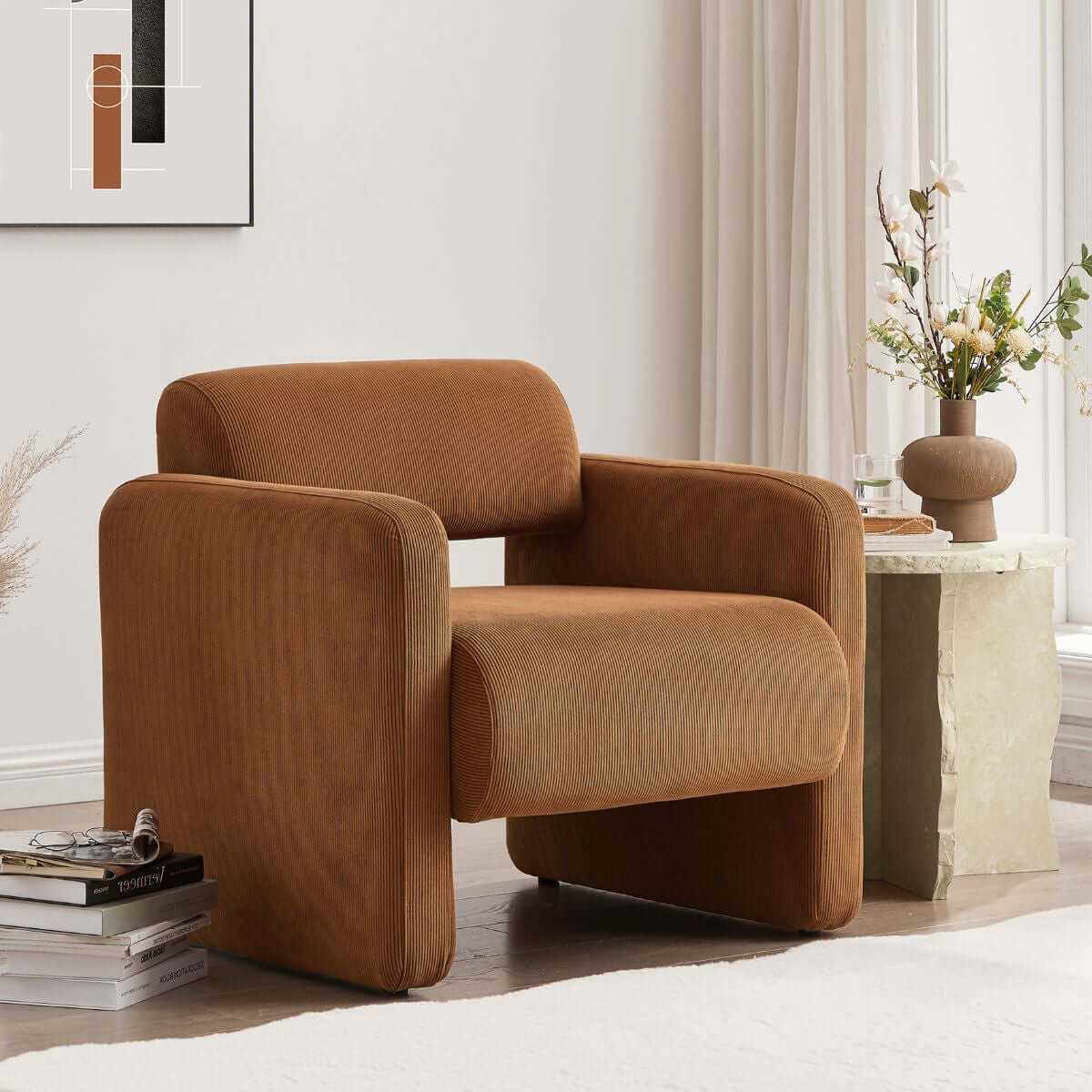Lilah Modern Boucle Fabric Comfy Armchair - Burnt Orange