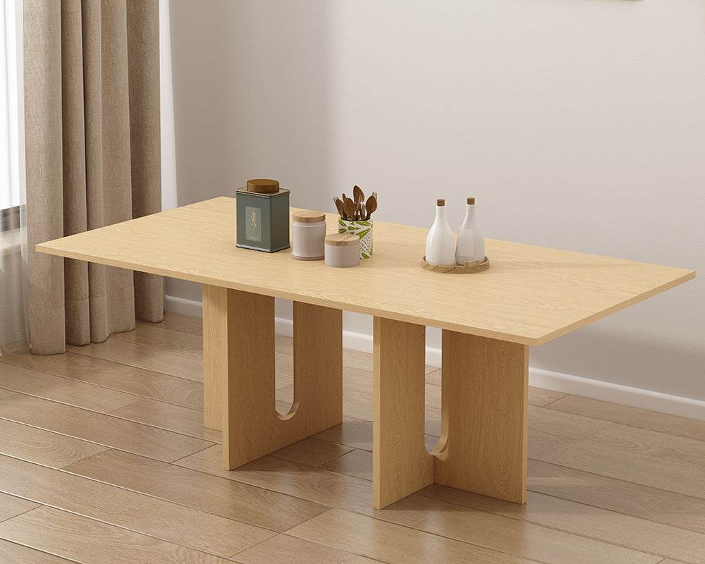 Eight-seater walnut melamine dining table in a modern room setting.
