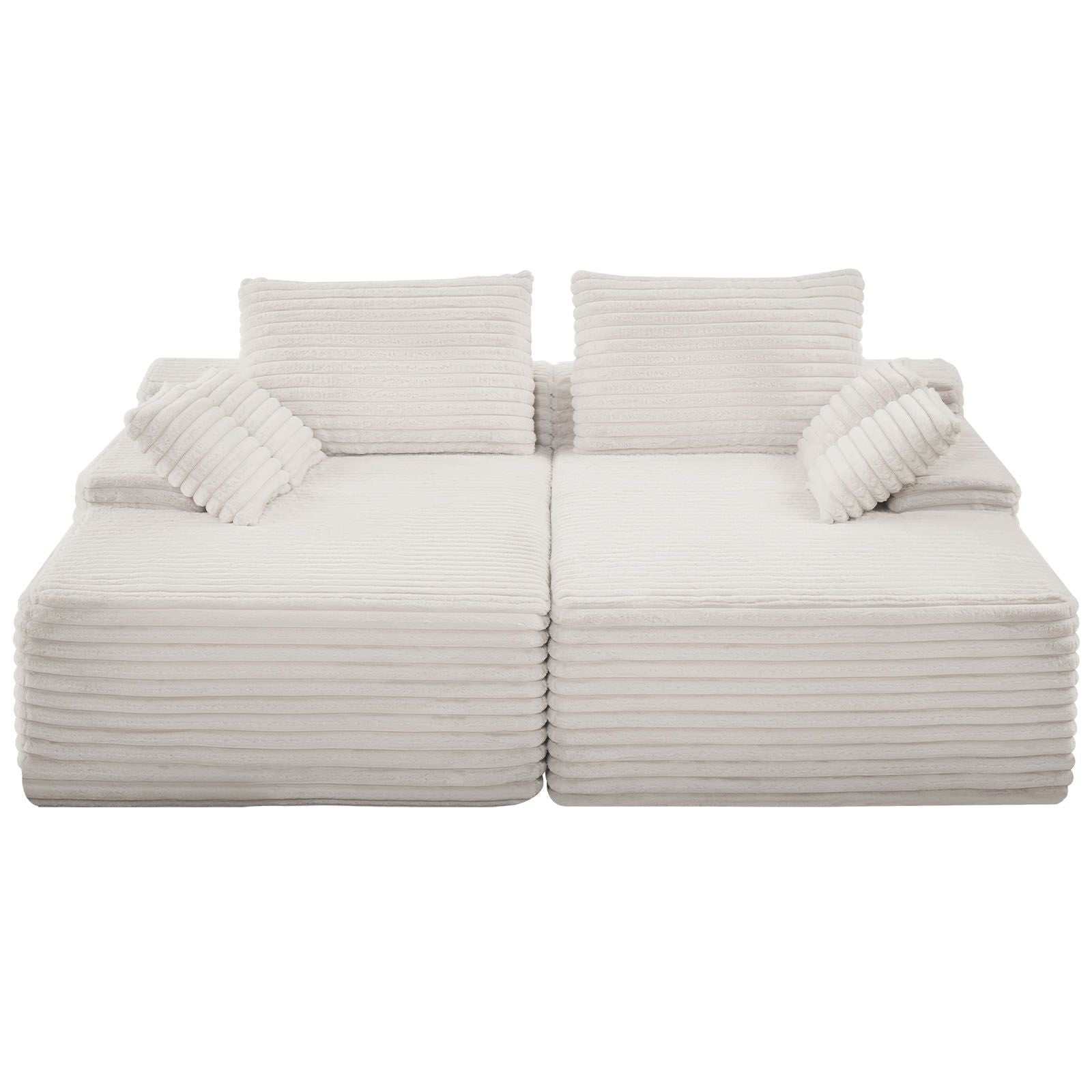 210 cm Oversized Double Chaise Lounge, Corduroy Fabric Sectional Sofa, Cozy Deep Seat Loveseat Sofa with Soft Cushions and Throw Pillows for Living Room Bedroom, No Assembly Required, Beige