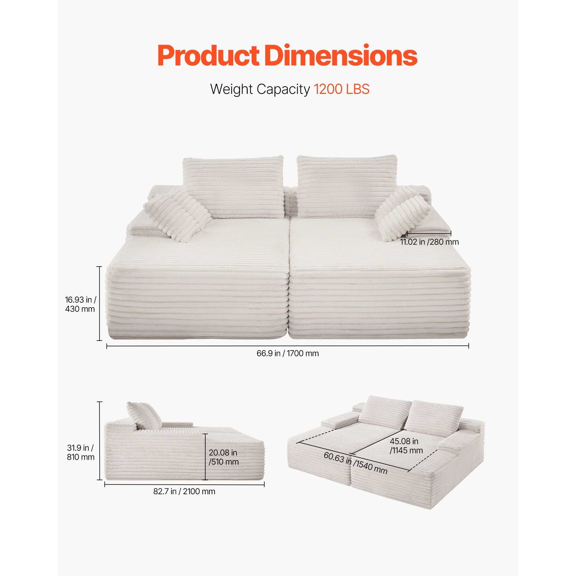 210 cm Oversized Double Chaise Lounge, Corduroy Fabric Sectional Sofa, Cozy Deep Seat Loveseat Sofa with Soft Cushions and Throw Pillows for Living Room Bedroom, No Assembly Required, Beige