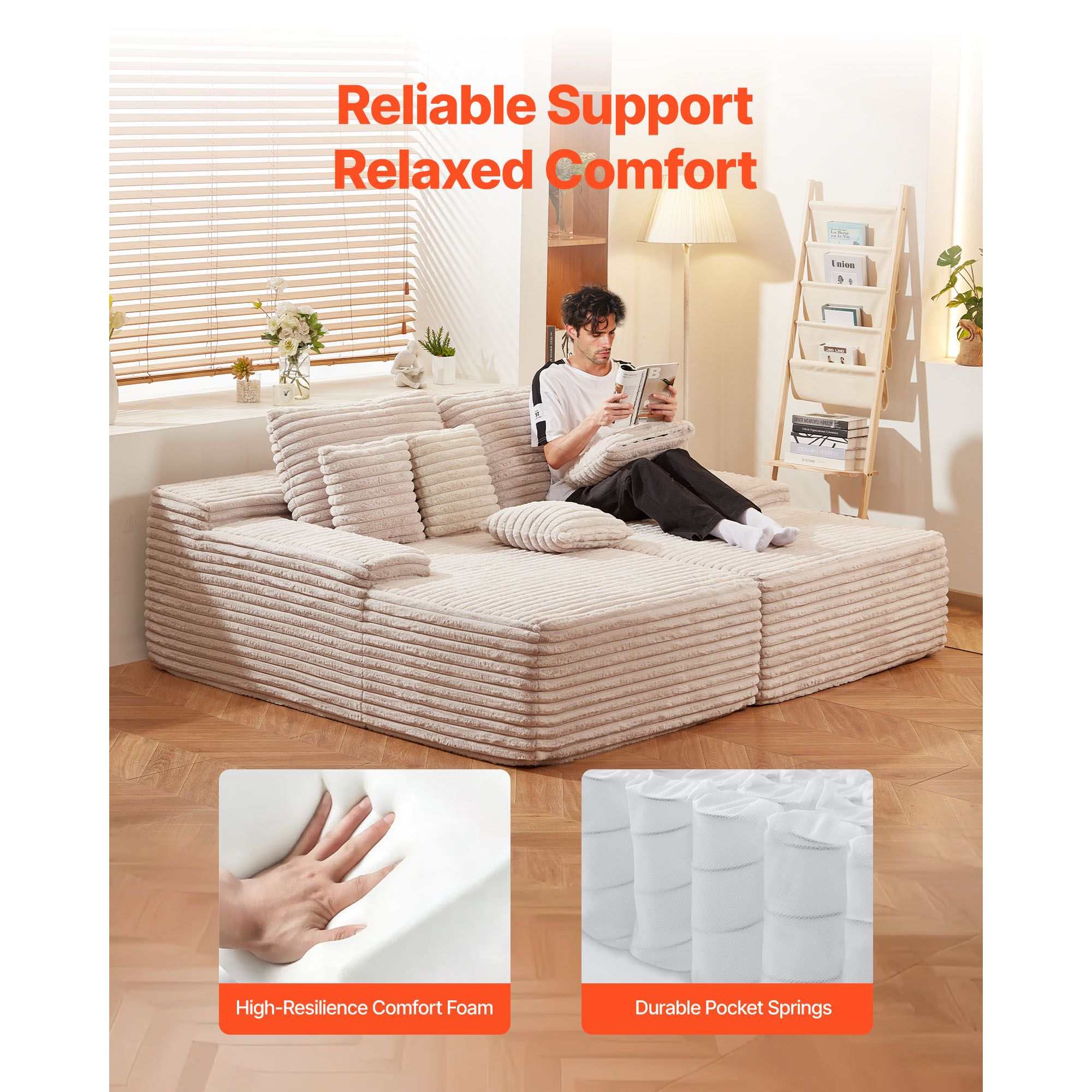 210 cm Oversized Double Chaise Lounge, Corduroy Fabric Sectional Sofa, Cozy Deep Seat Loveseat Sofa with Soft Cushions and Throw Pillows for Living Room Bedroom, No Assembly Required, Beige