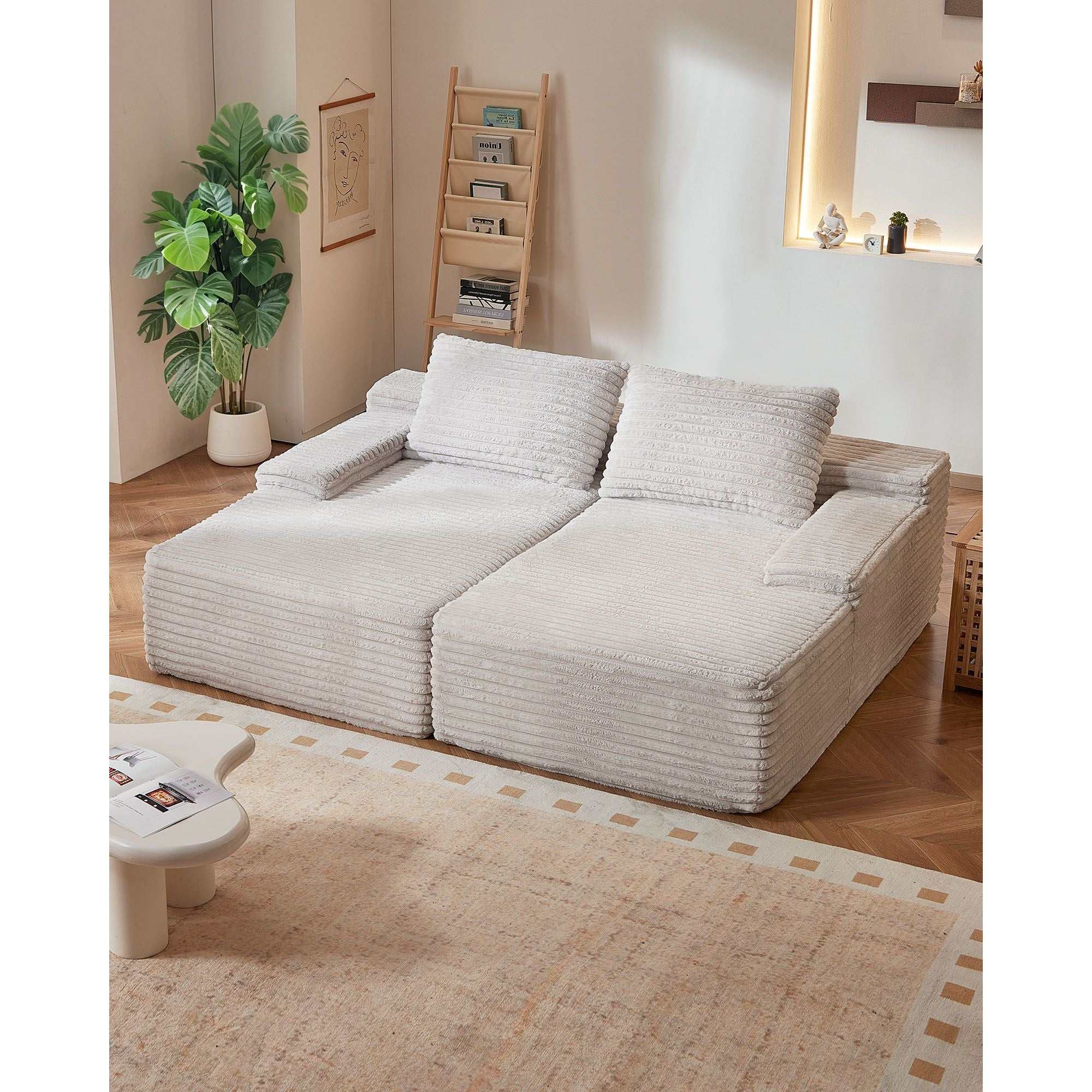 210 cm Oversized Double Chaise Lounge, Corduroy Fabric Sectional Sofa, Cozy Deep Seat Loveseat Sofa with Soft Cushions and Throw Pillows for Living Room Bedroom, No Assembly Required, Beige