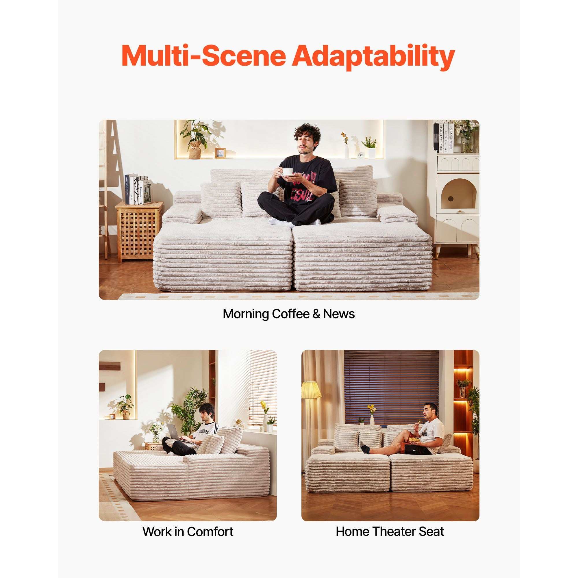 210 cm Oversized Double Chaise Lounge, Corduroy Fabric Sectional Sofa, Cozy Deep Seat Loveseat Sofa with Soft Cushions and Throw Pillows for Living Room Bedroom, No Assembly Required, Beige
