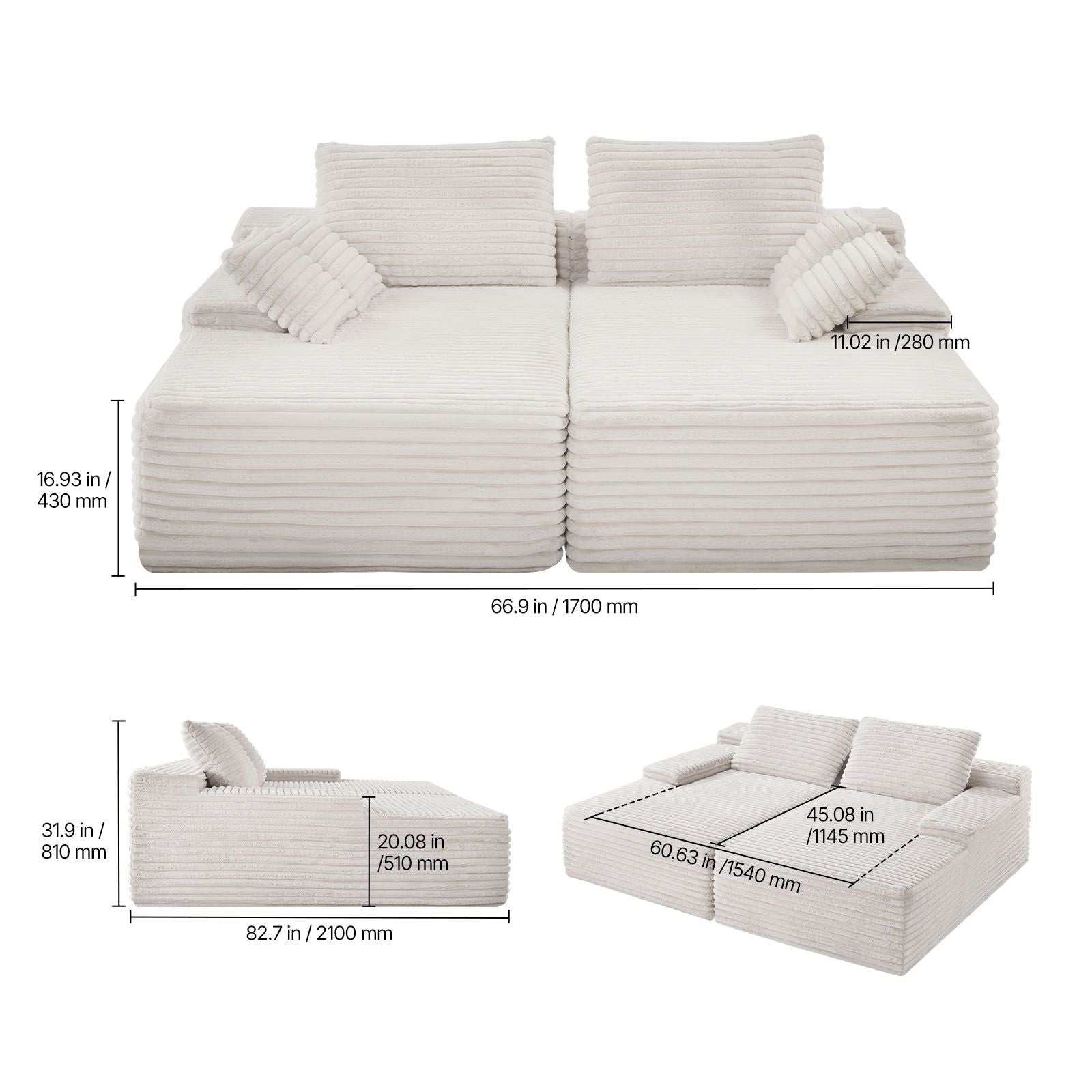 210 cm Oversized Double Chaise Lounge, Corduroy Fabric Sectional Sofa, Cozy Deep Seat Loveseat Sofa with Soft Cushions and Throw Pillows for Living Room Bedroom, No Assembly Required, Beige