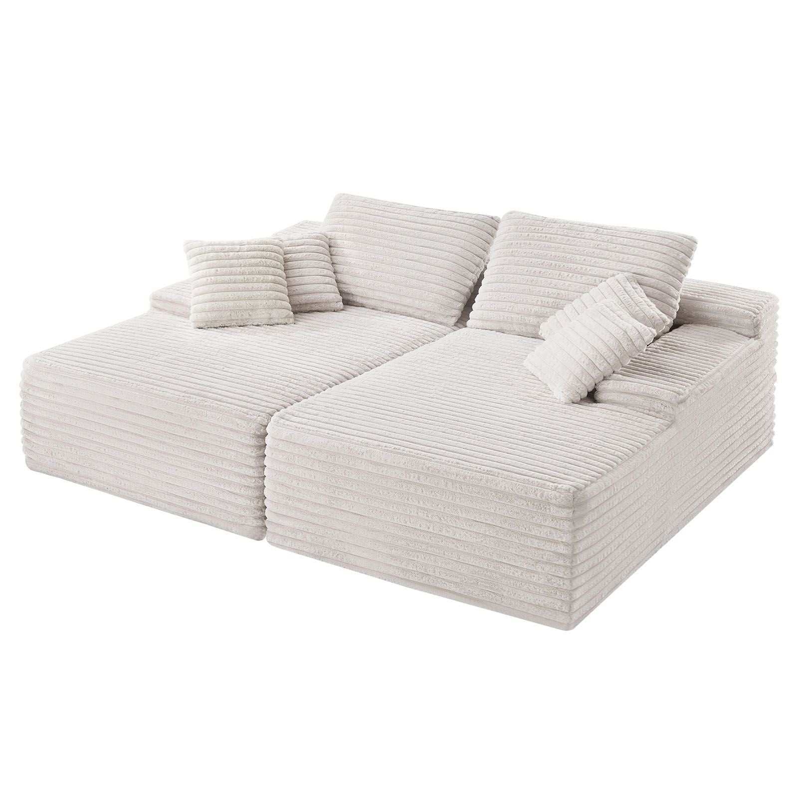 210 cm Oversized Double Chaise Lounge, Corduroy Fabric Sectional Sofa, Cozy Deep Seat Loveseat Sofa with Soft Cushions and Throw Pillows for Living Room Bedroom, No Assembly Required, Beige