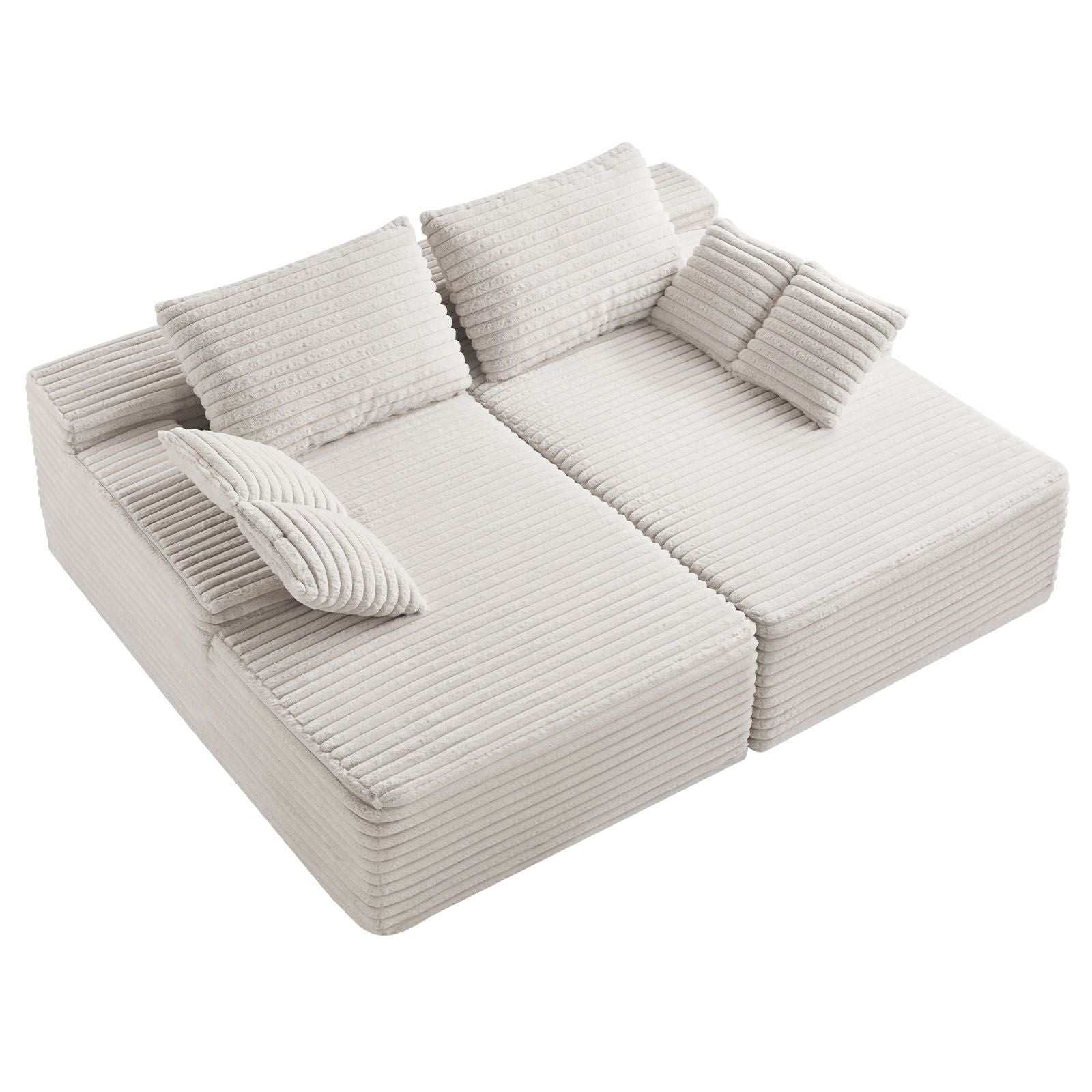 210 cm Oversized Double Chaise Lounge, Corduroy Fabric Sectional Sofa, Cozy Deep Seat Loveseat Sofa with Soft Cushions and Throw Pillows for Living Room Bedroom, No Assembly Required, Beige