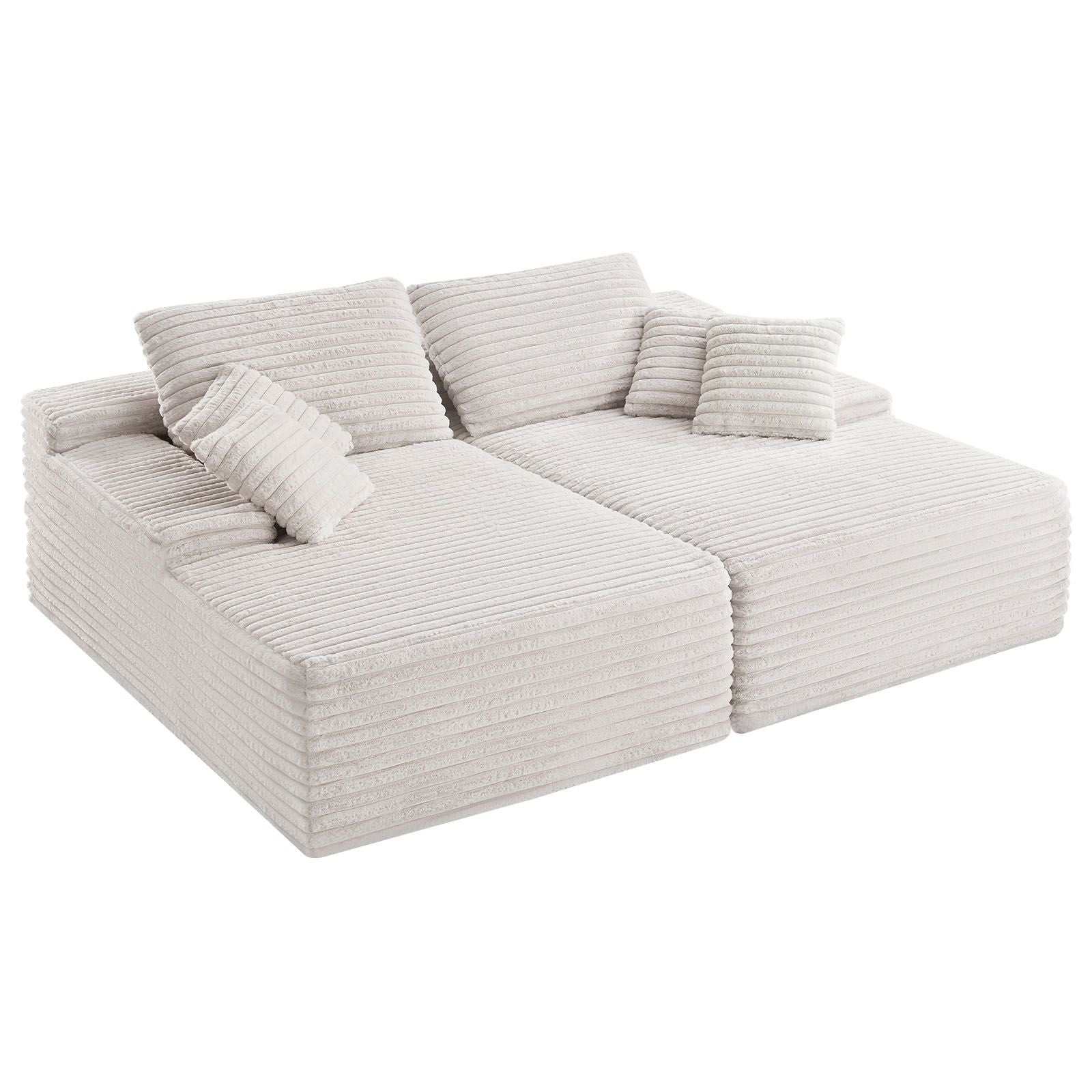 210 cm Oversized Double Chaise Lounge, Corduroy Fabric Sectional Sofa, Cozy Deep Seat Loveseat Sofa with Soft Cushions and Throw Pillows for Living Room Bedroom, No Assembly Required, Beige