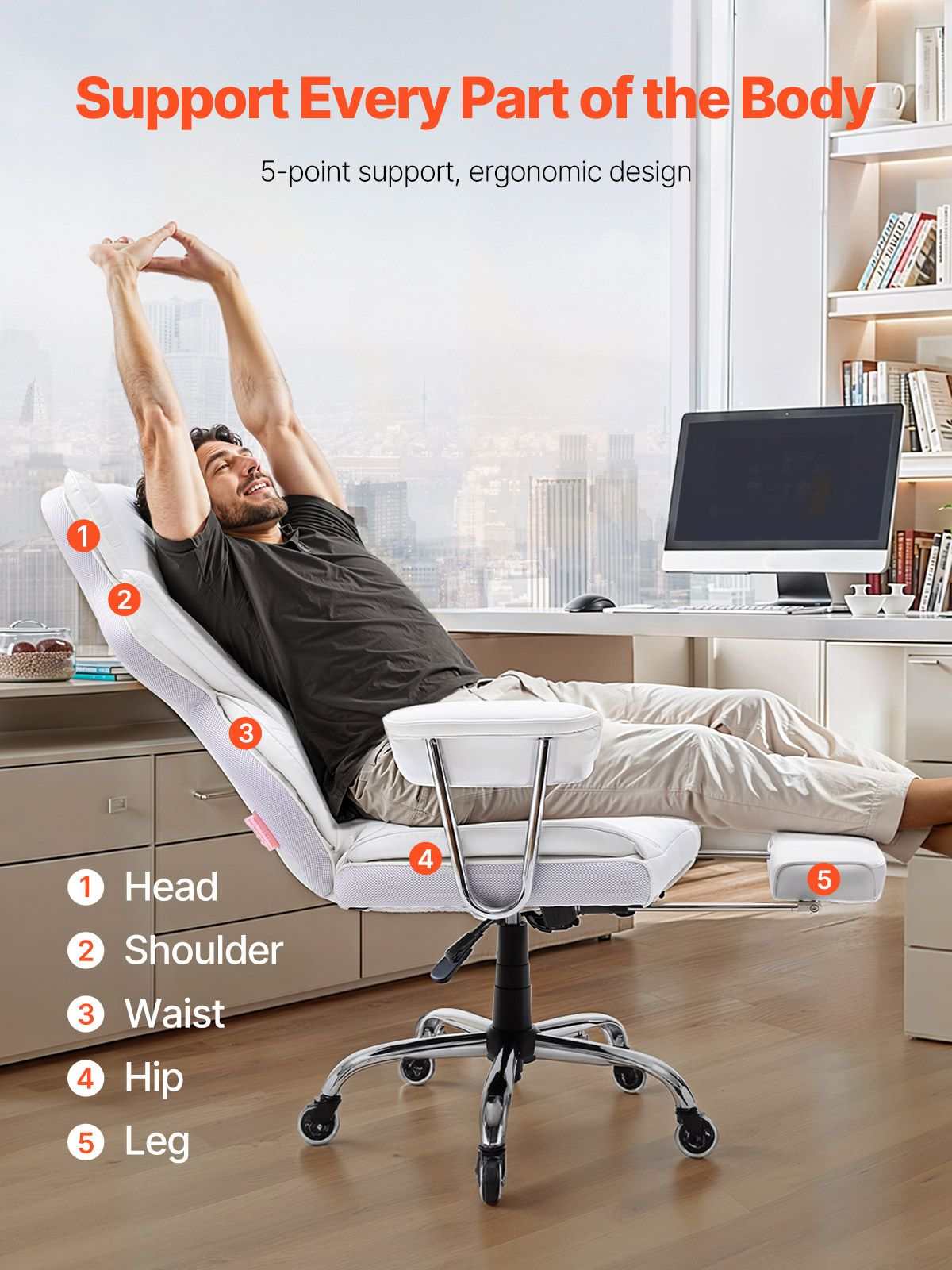 Reclining Office Chair with Footrest, Heavy Duty PU Leather Wide Office Chair, Big and Tall Executive Office Chairs with Lumbar Support, Strong Metal Base Quiet Wheels, White
