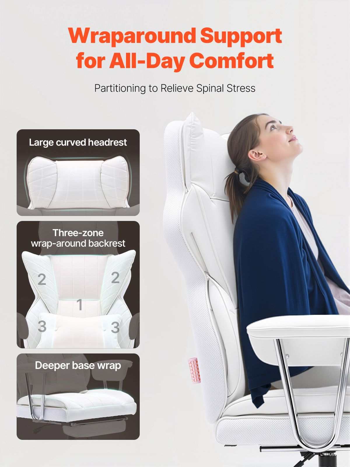Reclining Office Chair with Footrest, Heavy Duty PU Leather Wide Office Chair, Big and Tall Executive Office Chairs with Lumbar Support, Strong Metal Base Quiet Wheels, White