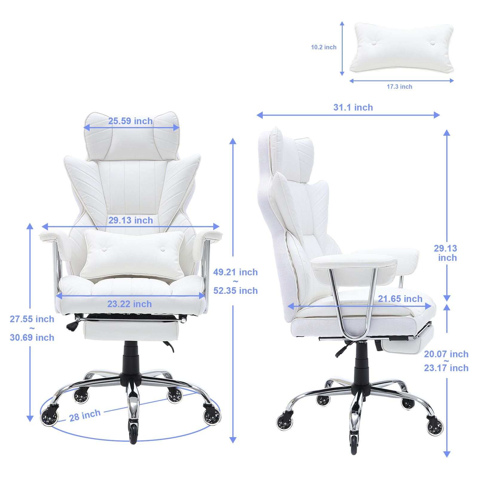 Reclining Office Chair with Footrest, Heavy Duty PU Leather Wide Office Chair, Big and Tall Executive Office Chairs with Lumbar Support, Strong Metal Base Quiet Wheels, White