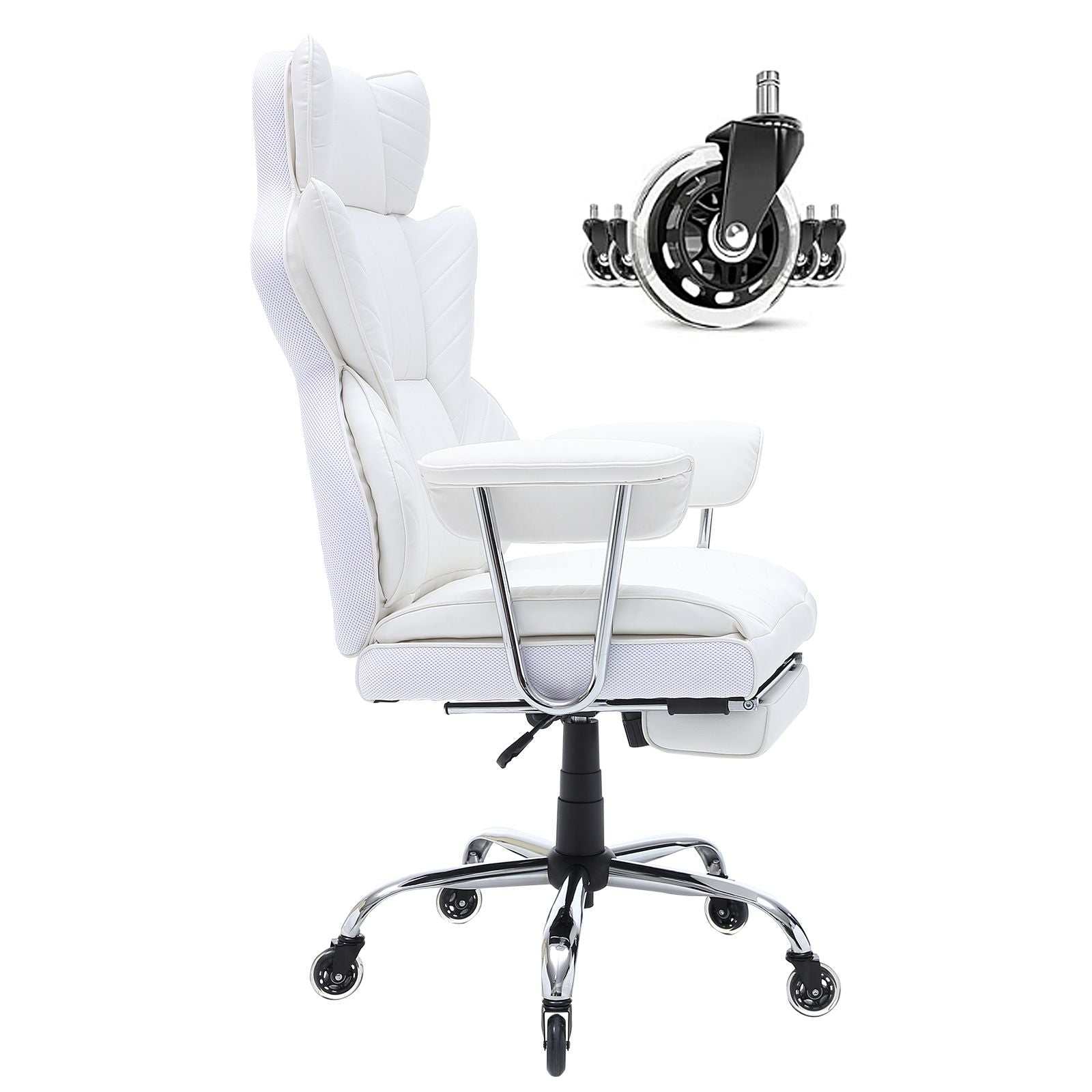 Reclining Office Chair with Footrest, Heavy Duty PU Leather Wide Office Chair, Big and Tall Executive Office Chairs with Lumbar Support, Strong Metal Base Quiet Wheels, White