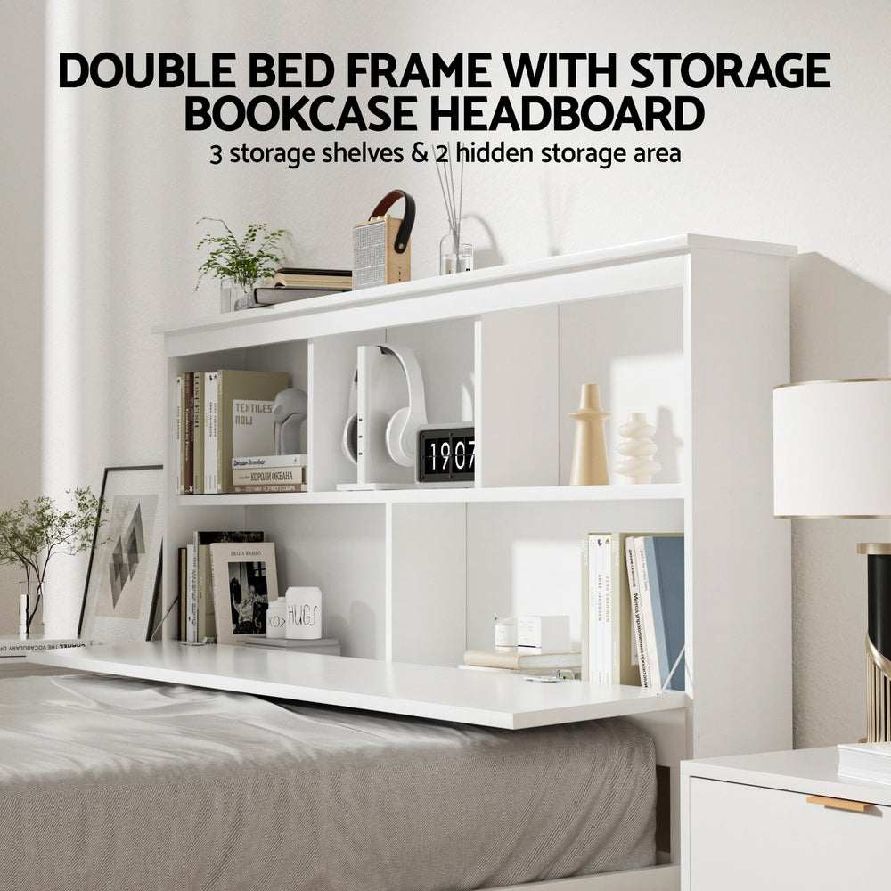 Artiss Bed Frame Double Size Wooden with 3 Shelves Bed Head White