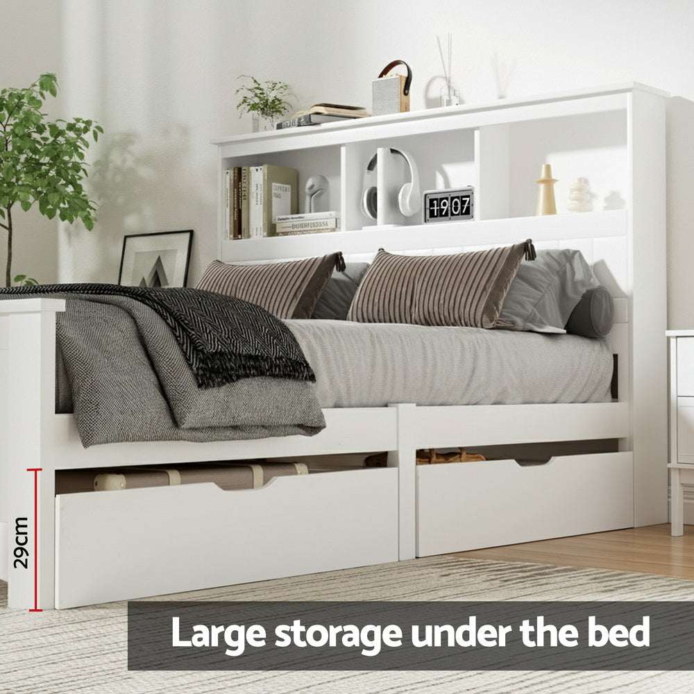 Artiss Bed Frame Double Size Wooden with 3 Shelves Bed Head White