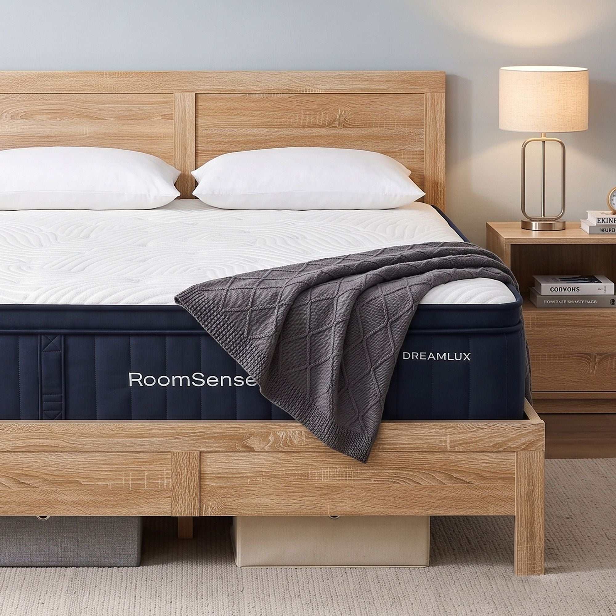 RoomSense Double 34cm Medium Soft Gel Mattress Bundle, Oatmeal Bed Frame