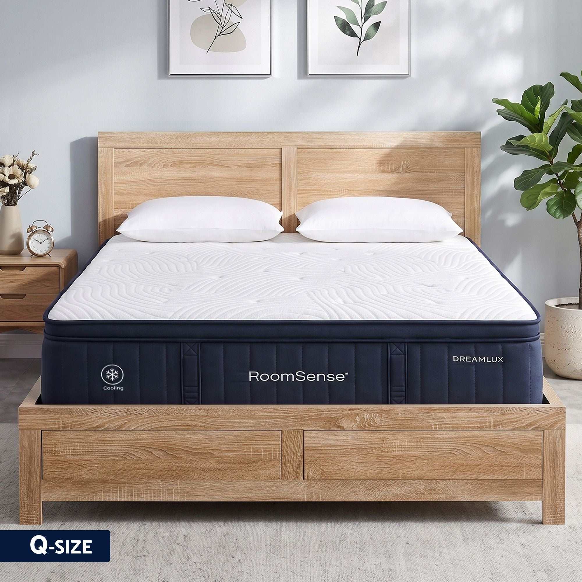 RoomSense Queen 34cm Medium Cooling Gel Mattress Bundle, Oatmeal Bed Frame